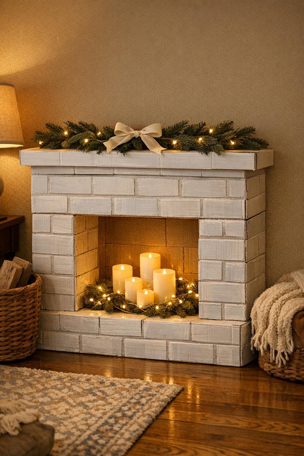Finished cardboard faux fireplace mantel decorated and glowing in a living room