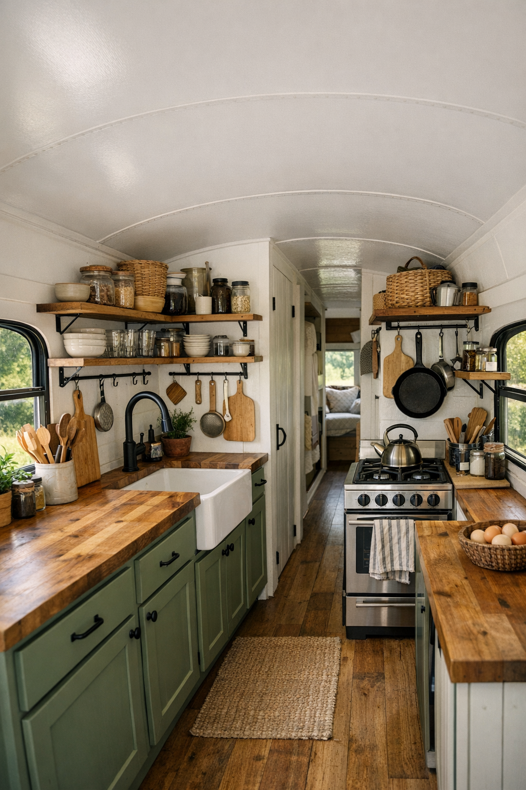 Galley kitchen in the converted bus with butcher-block counters and sage cabinetry