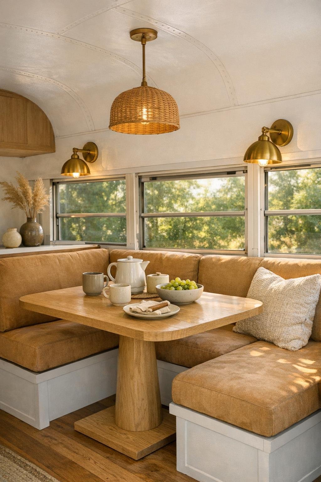 Small bus dining nook with banquette seating, pedestal table, and bright windows