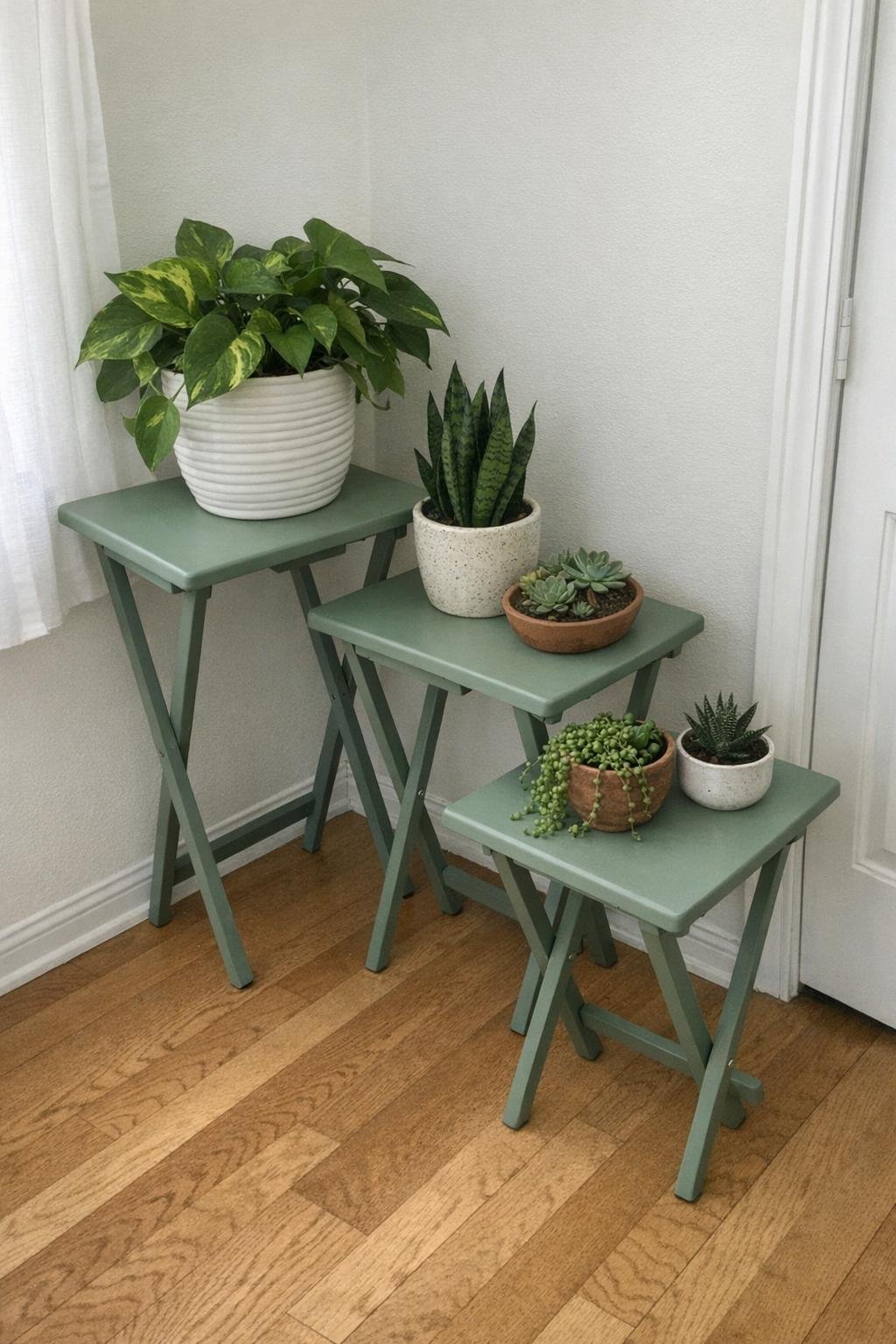 Three-height TV tray plant stand cluster