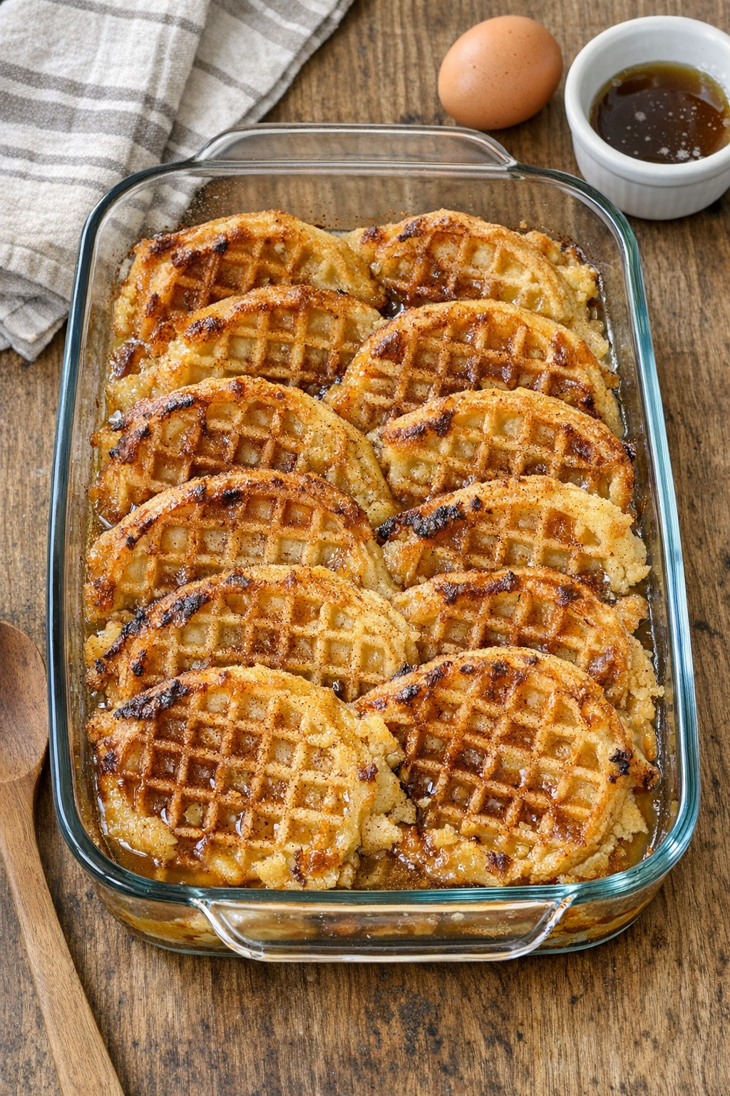Finished baked waffle dessert in a glass casserole dish