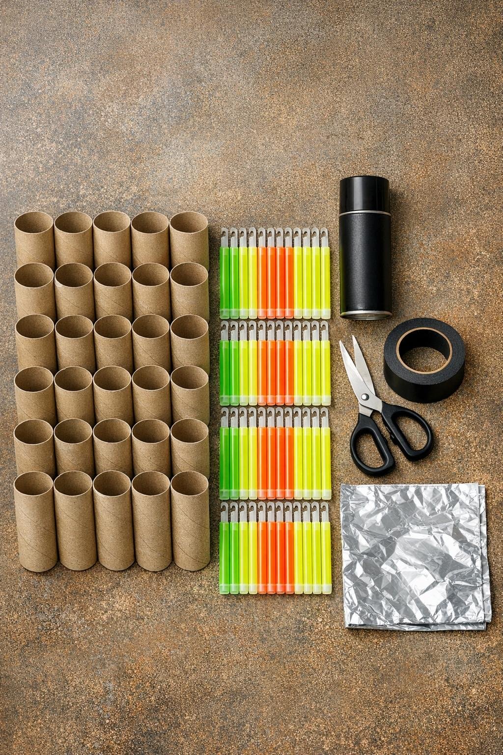 Toilet paper rolls, glow sticks, black spray paint, scissors, tape, and foil laid out for the project
