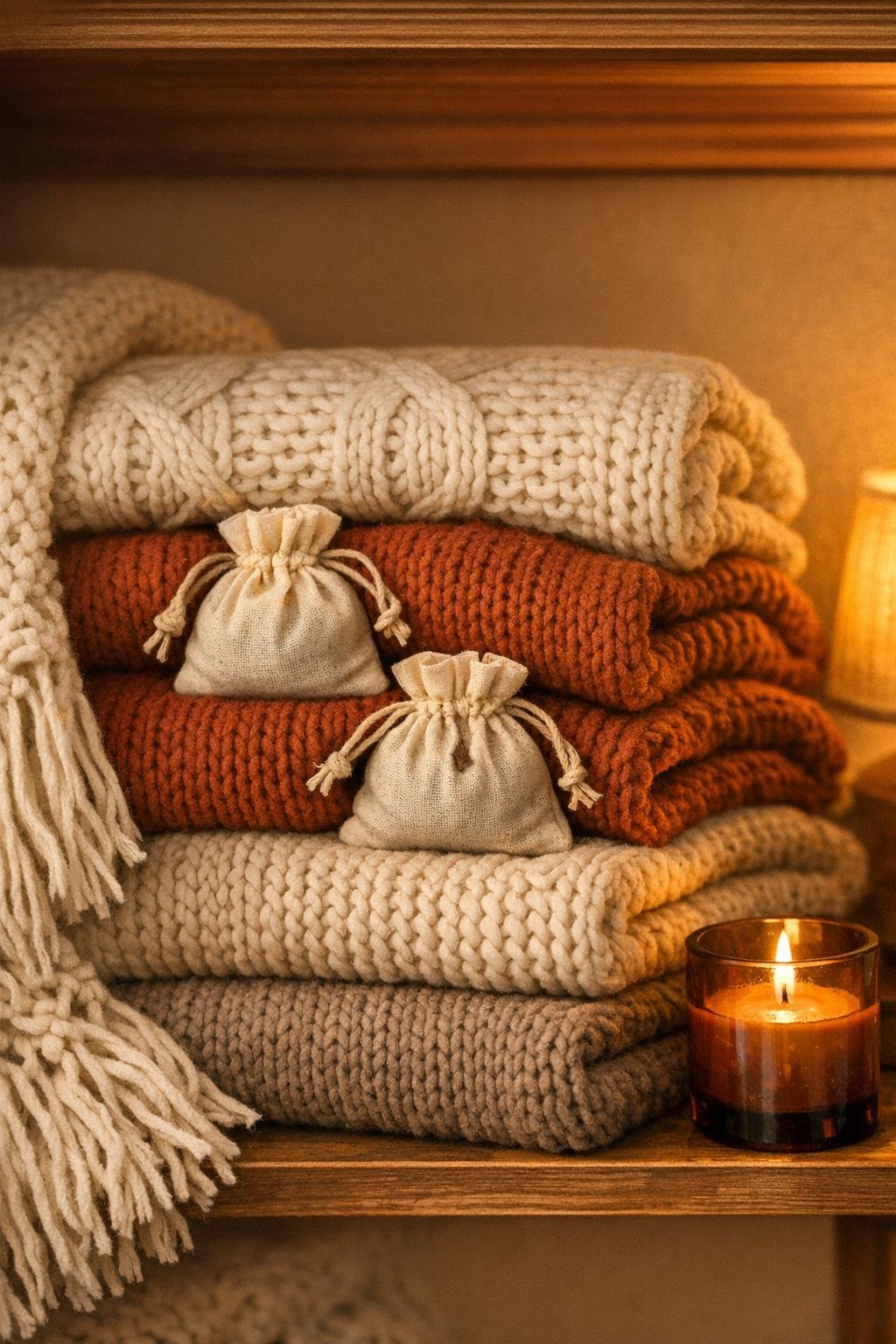 Finished clove sweater freshener sachets tucked into folded sweaters