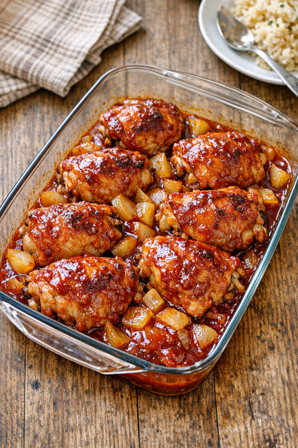 Baked chicken thighs in a glass casserole dish with glossy red sauce