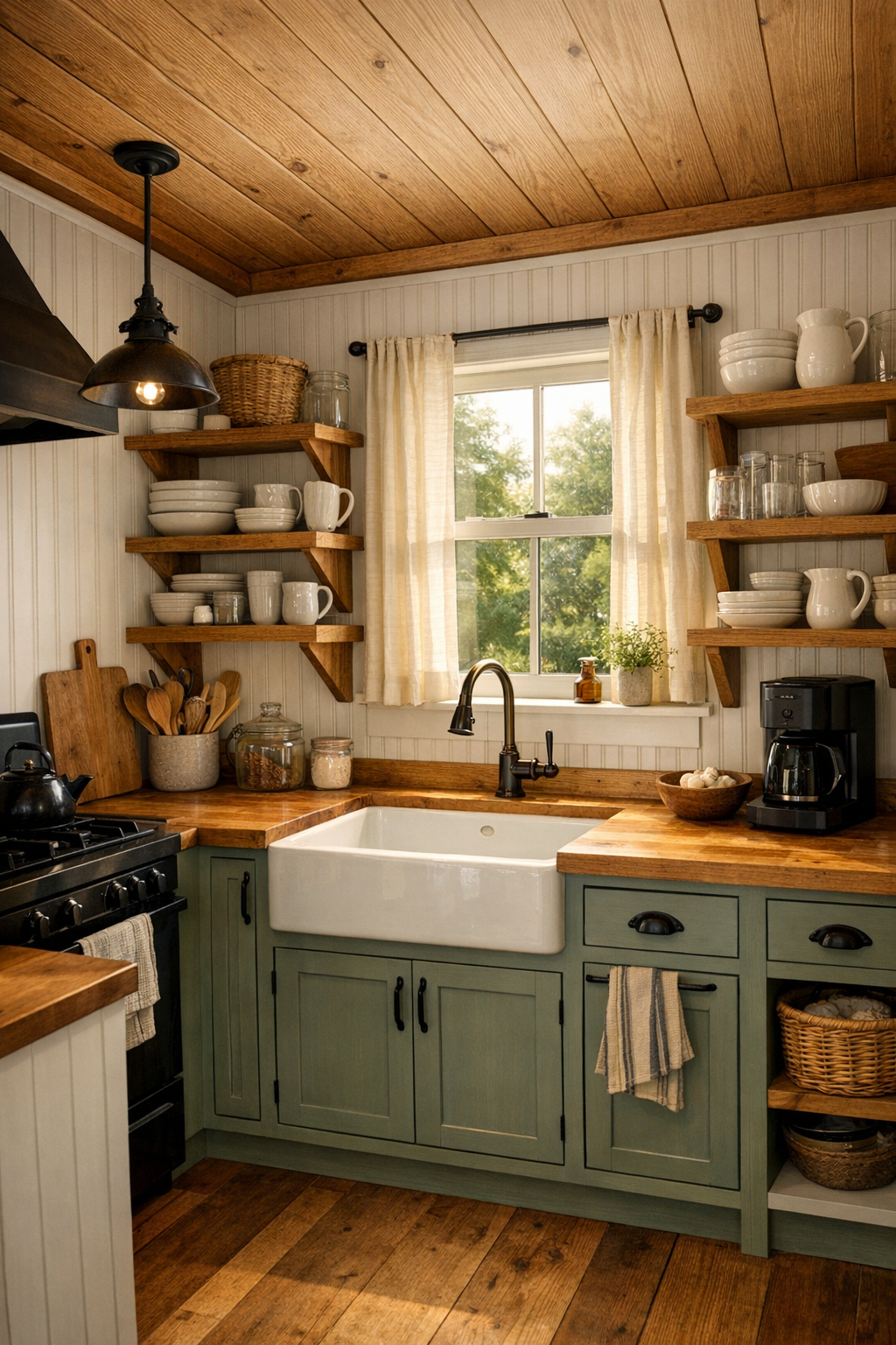 Handcrafted tiny kitchen with inset cabinets and a farmhouse sink
