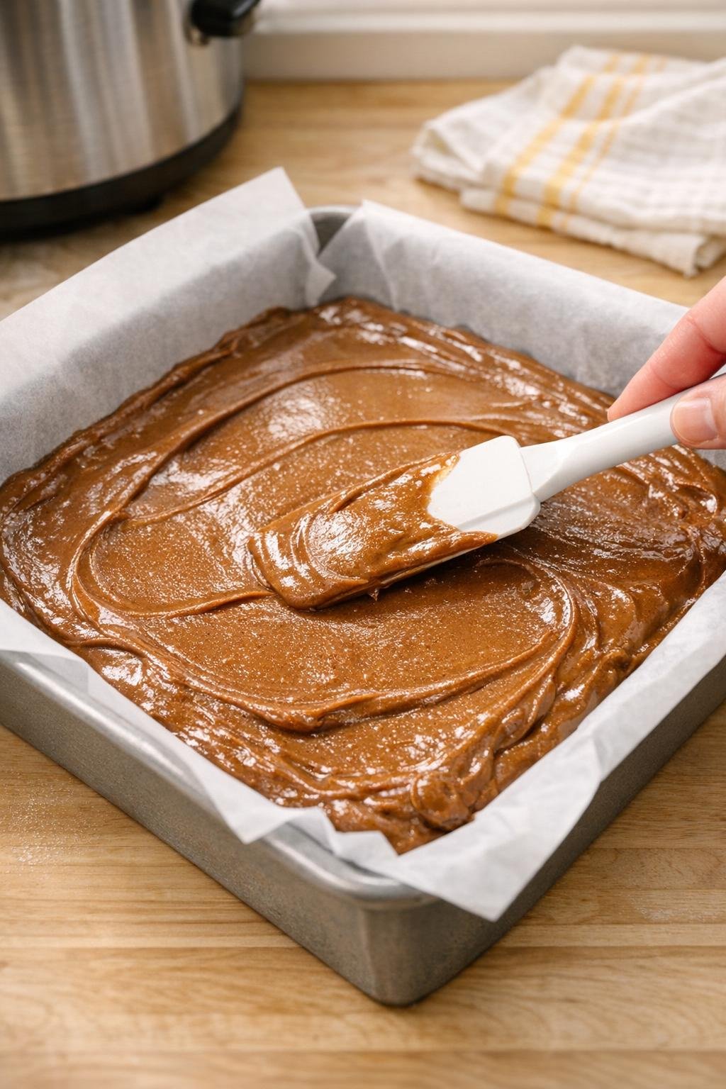 Coffee fudge mixture spread into lined pan