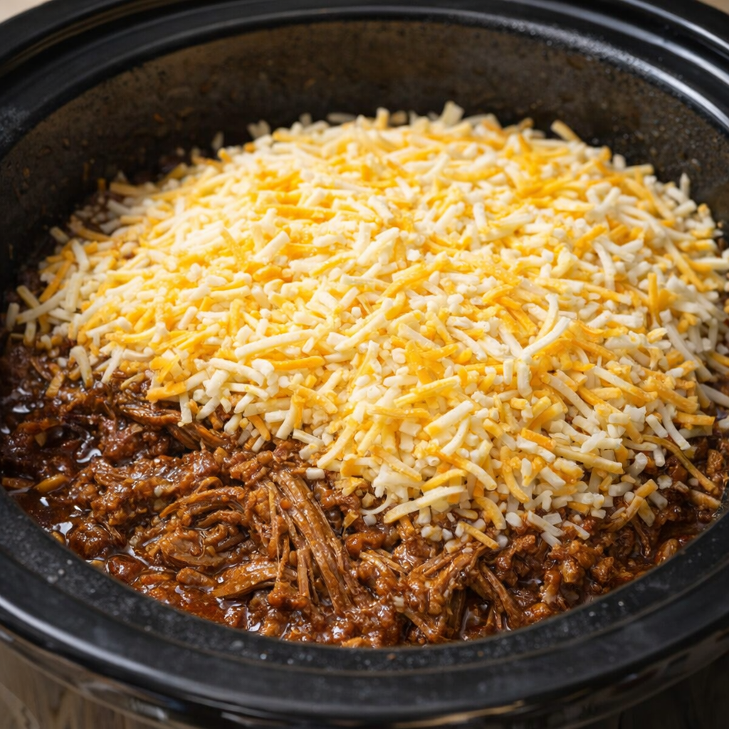 Shredded beef casserole topped with cheese before melting
