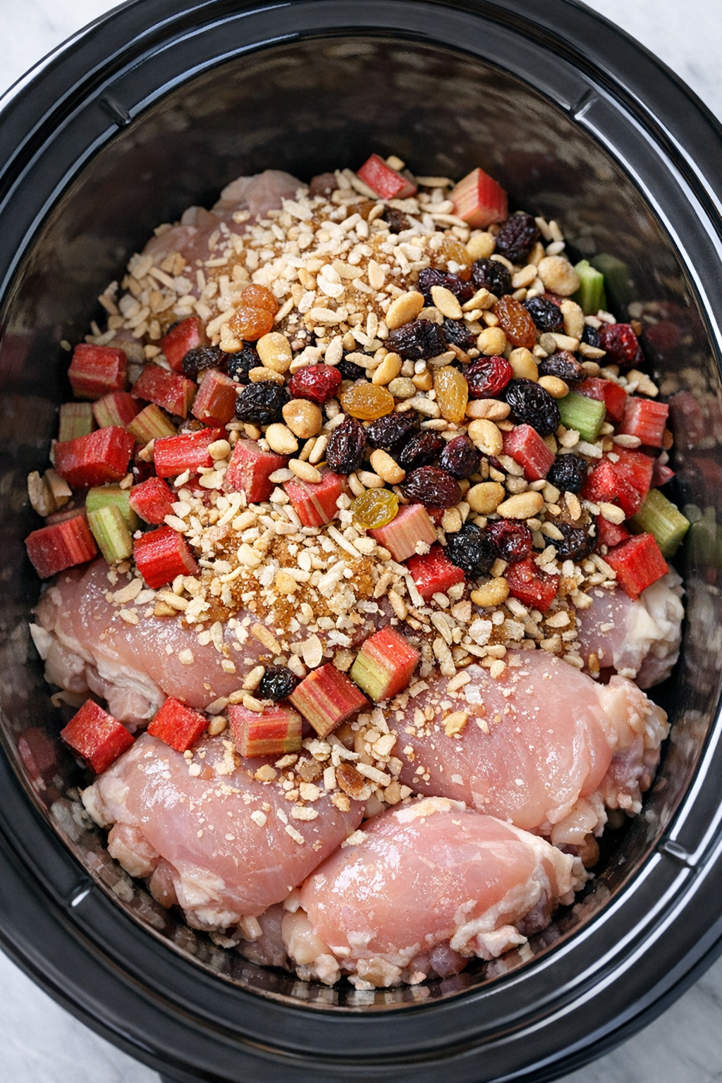 Slow cooker filled with chicken, rhubarb, soup mix, and trail mix