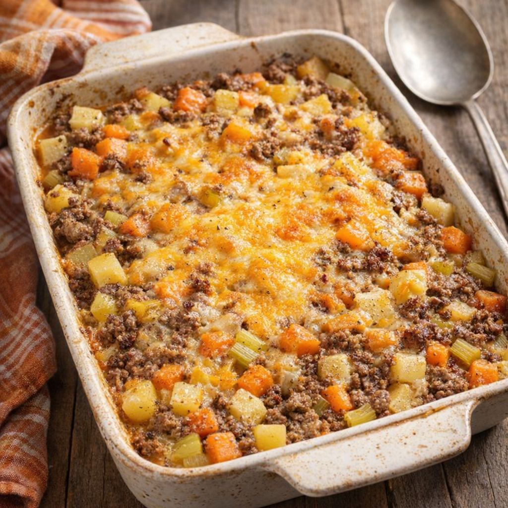 Freshly baked hamburger veggie casserole in a rustic baking dish