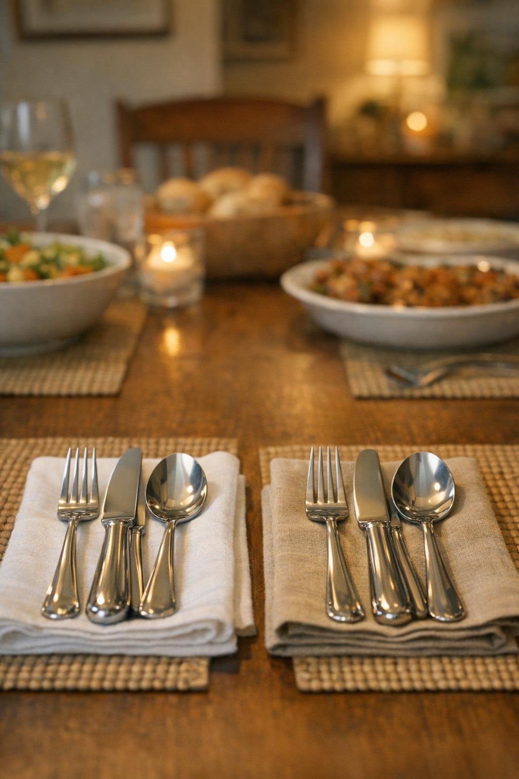 Clean silverware set neatly on napkins at a family table
