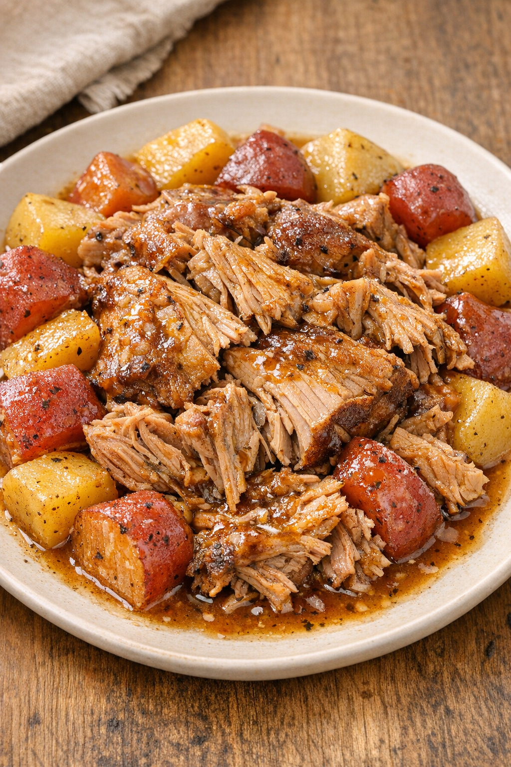 Finished slow cooker pork shoulder plated with tender vegetables