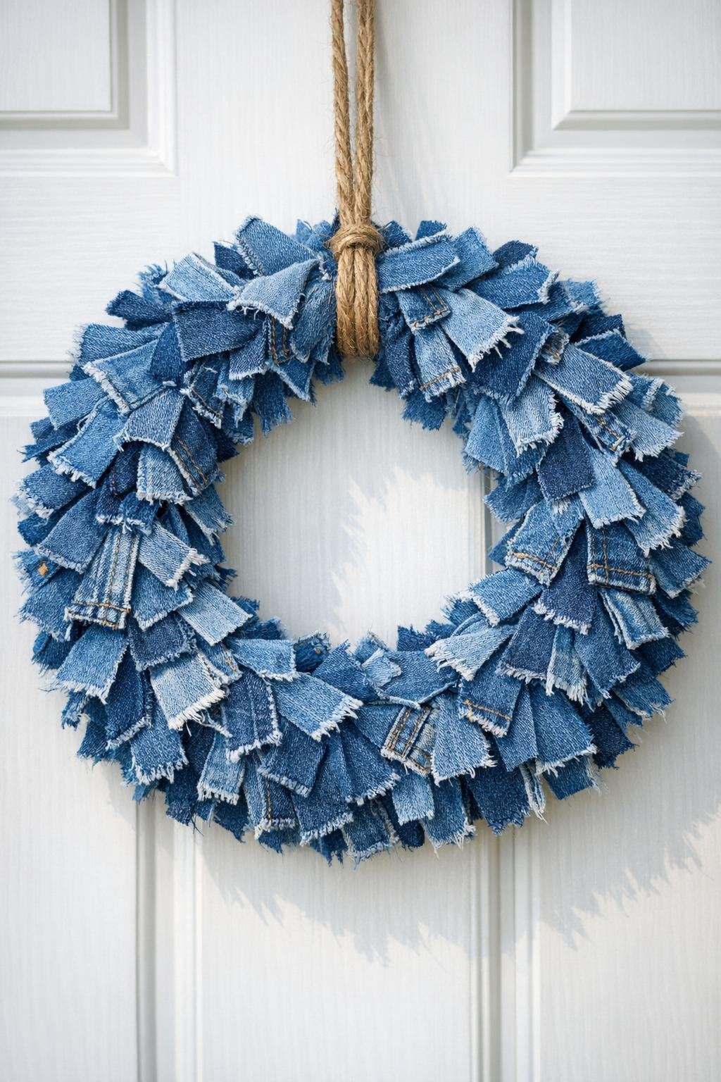 Finished fall wreath made from old denim jeans