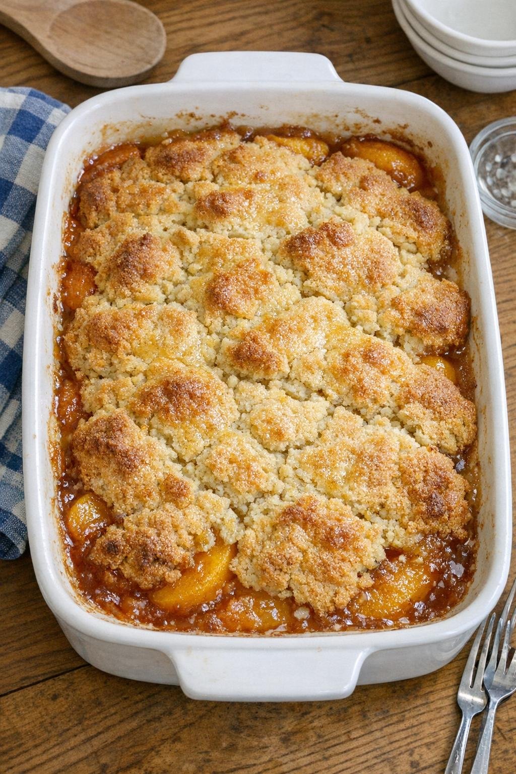 Finished cornbread peach cobbler in a casserole dish