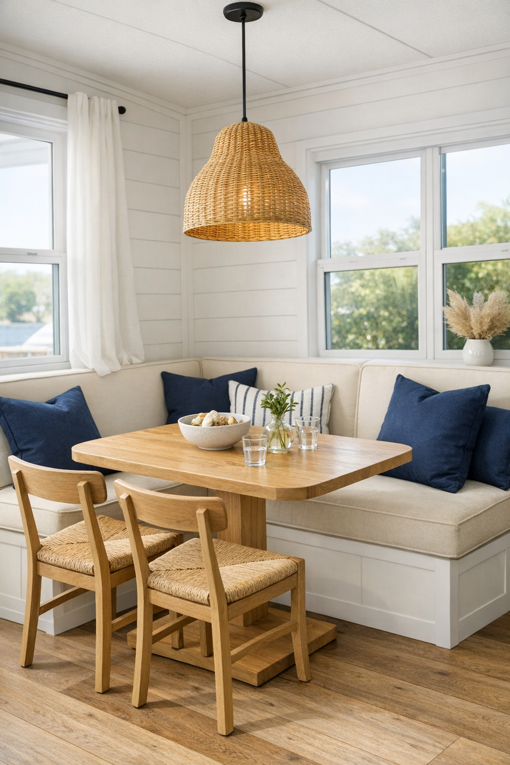 Coastal dining nook with built-in banquette and light wood table