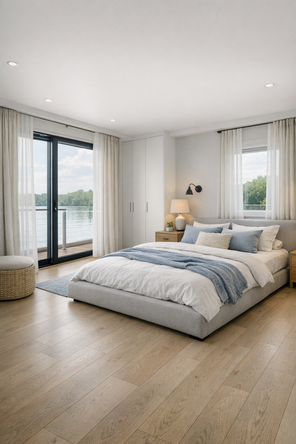 Calm cottage bedroom with upholstered bed, built-in storage, soft linen tones, and serene lake-inspired accents