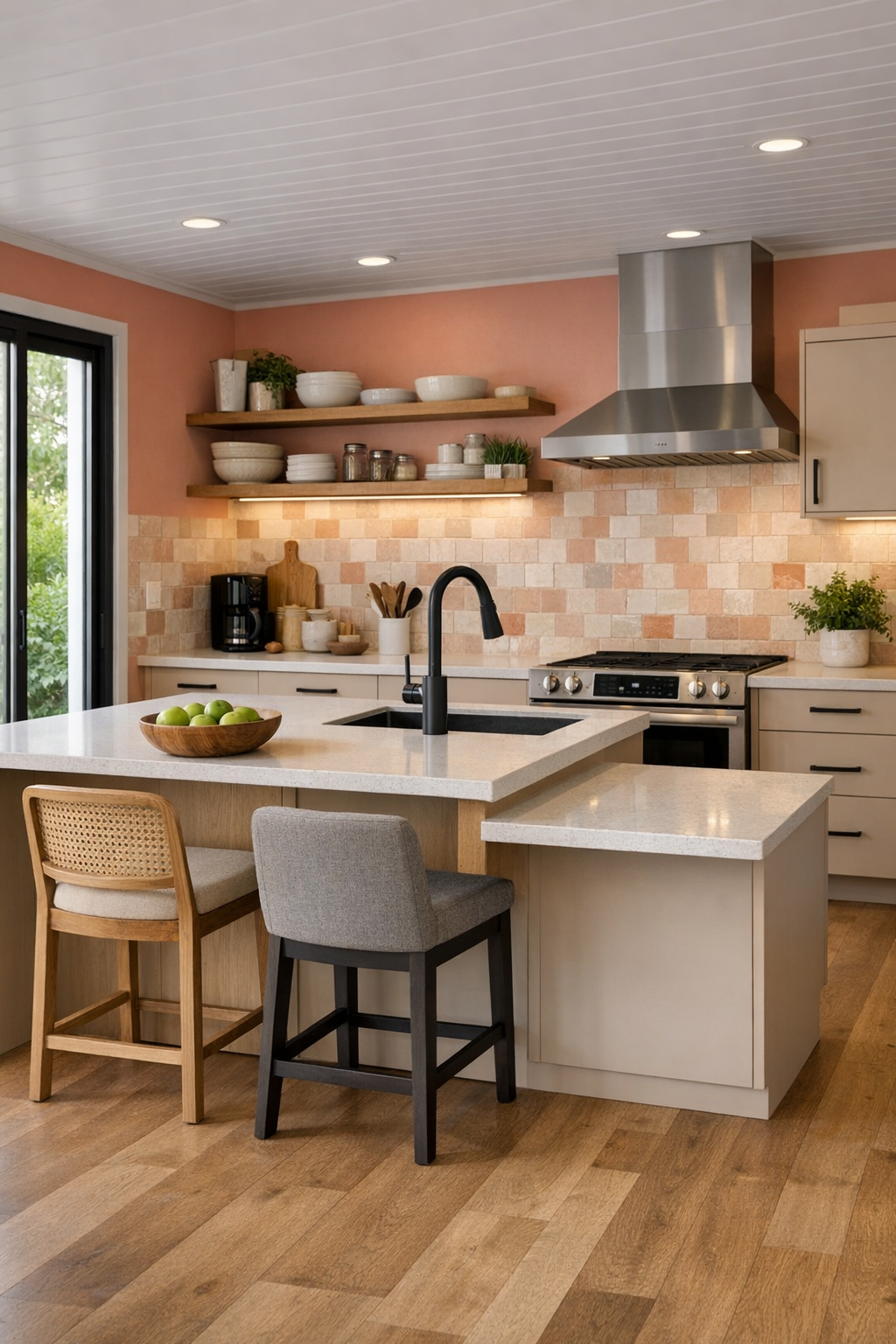 Accessible modern kitchen with sand-toned cabinetry, quartz counters, and soft blush tile