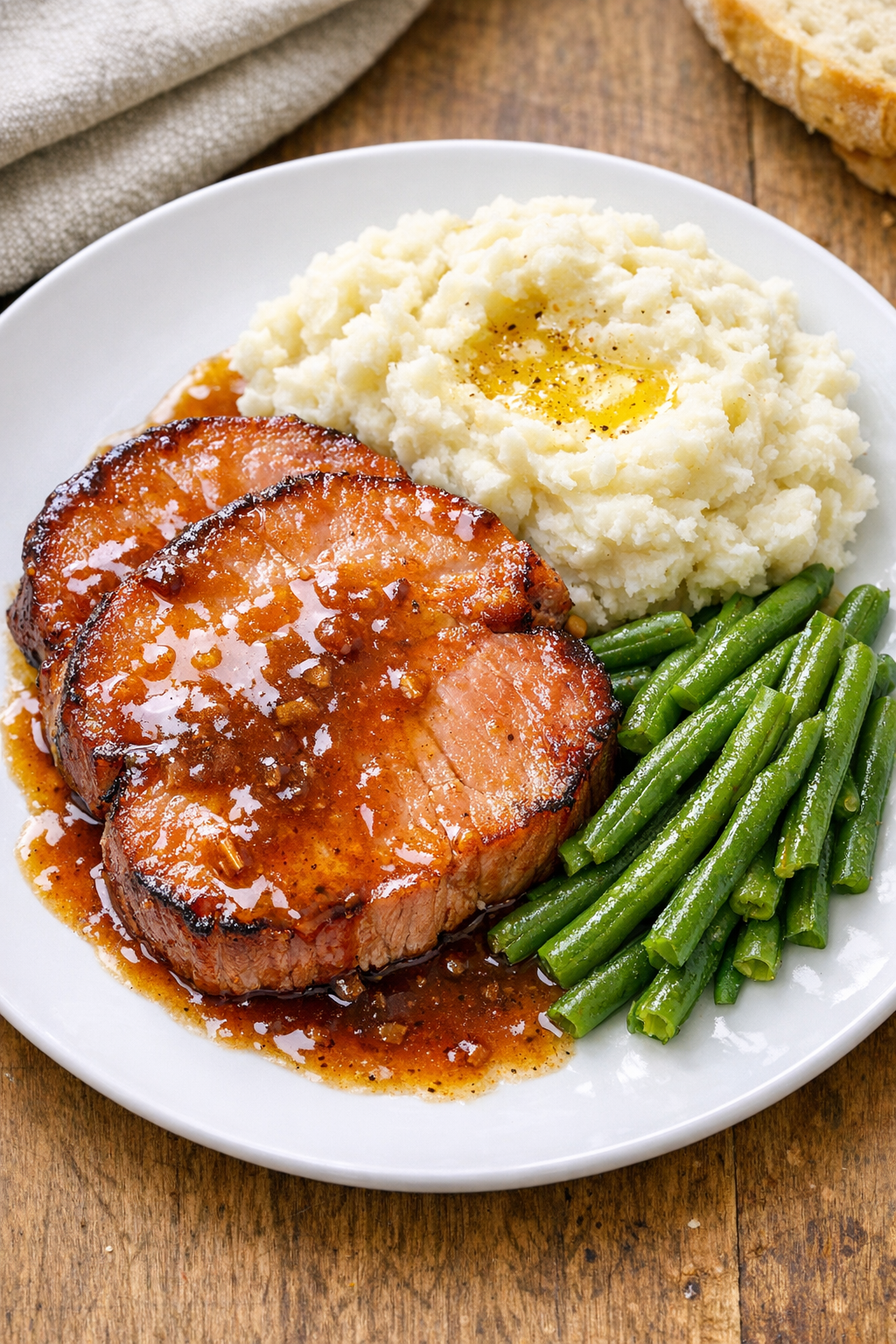 Finished slow cooker ham steaks plated with glaze