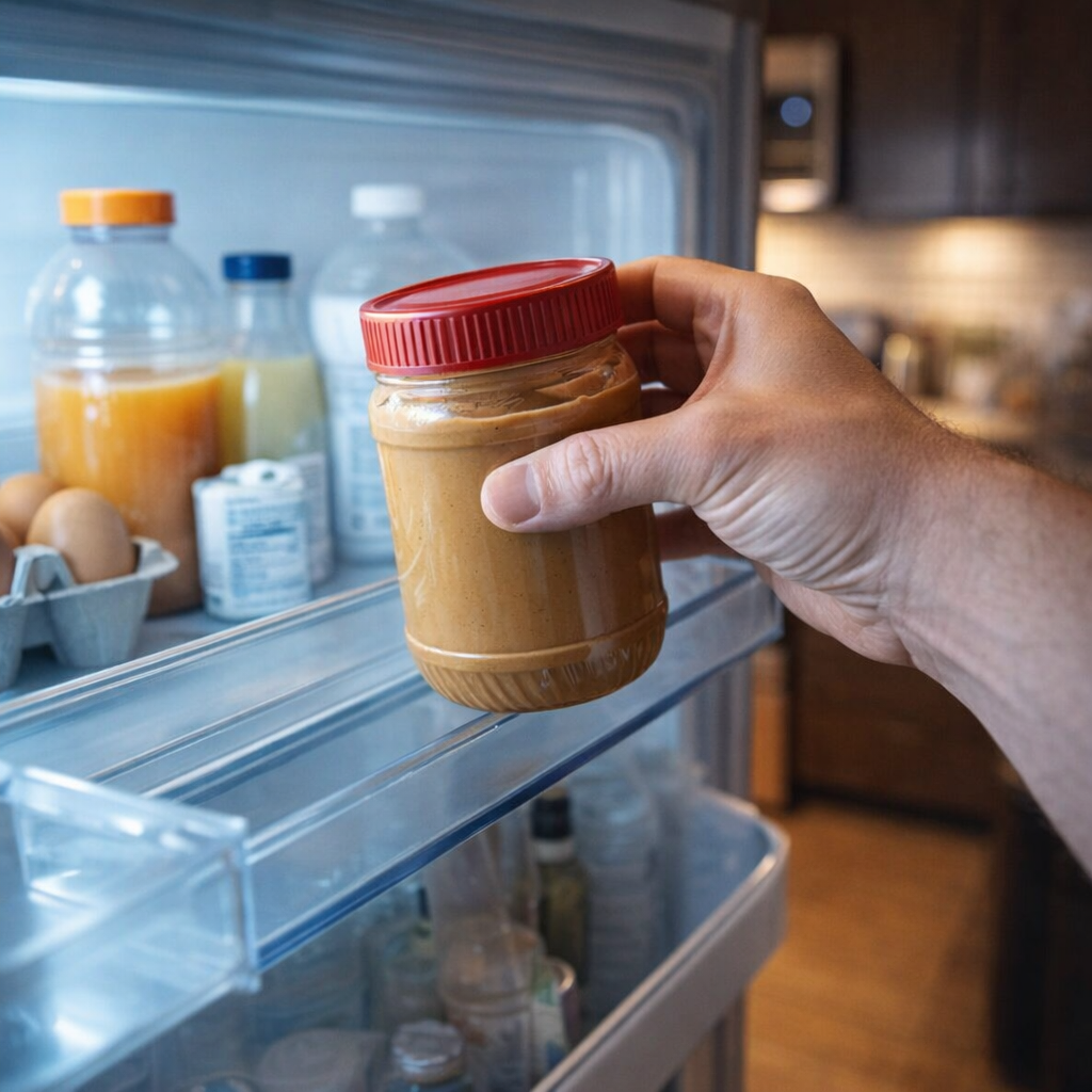 Jar of peanut butter being placed into refrigerator door