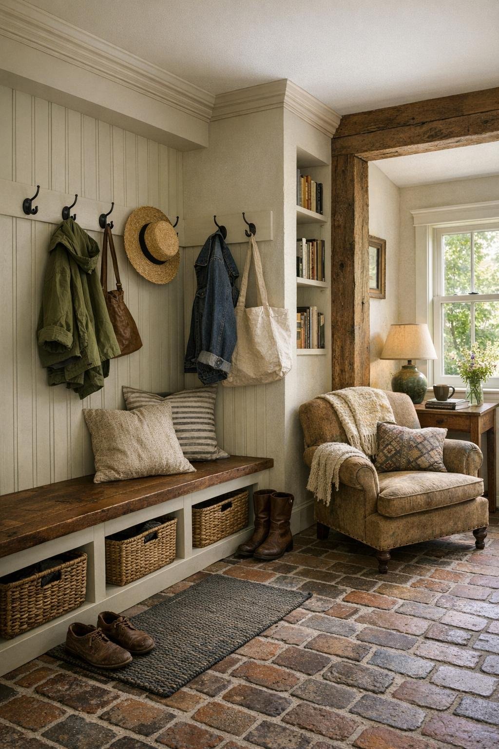 Mudroom and reading nook in a cottage-style converted schoolhouse