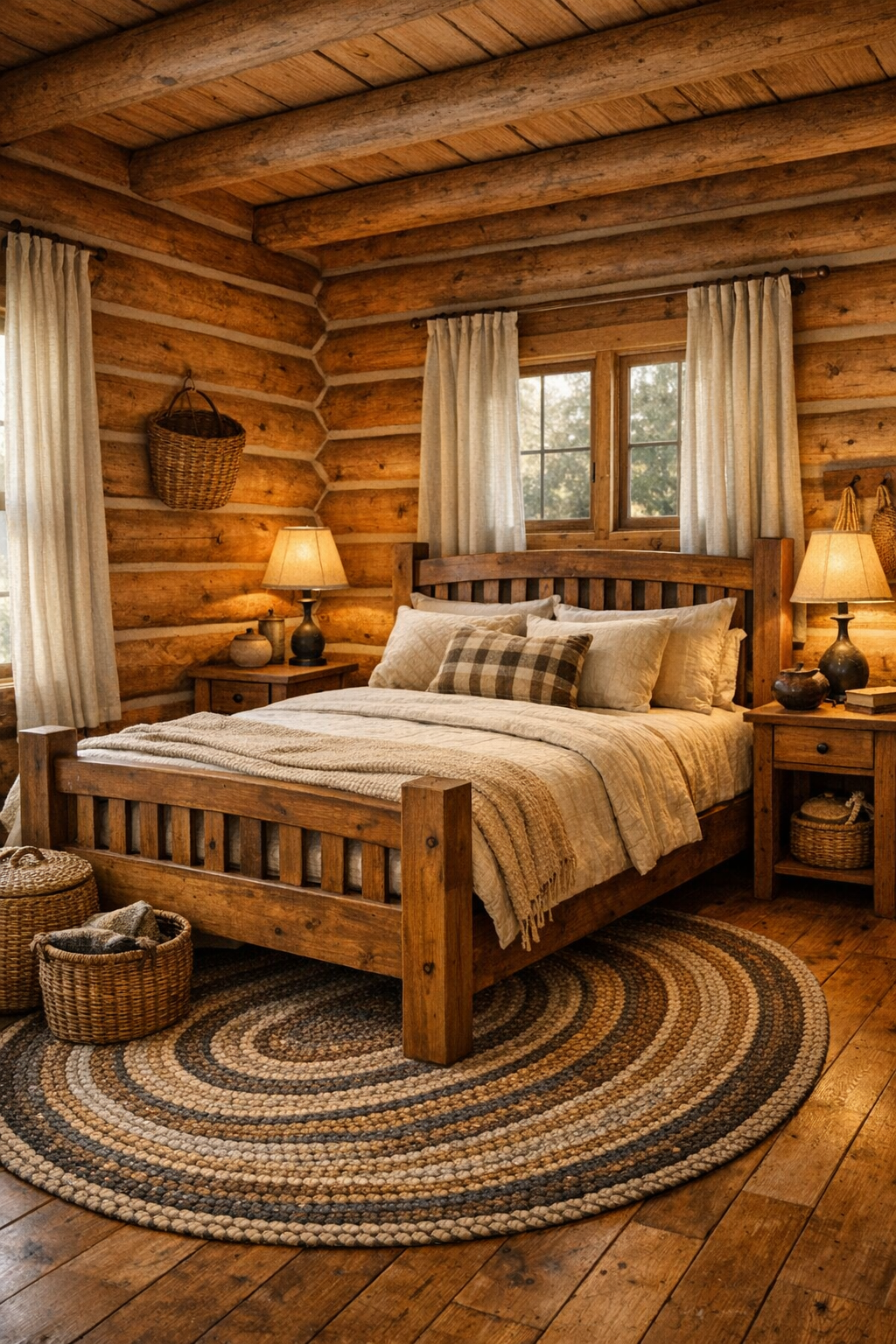 Peaceful log bedroom with handmade wood furniture and linen curtains