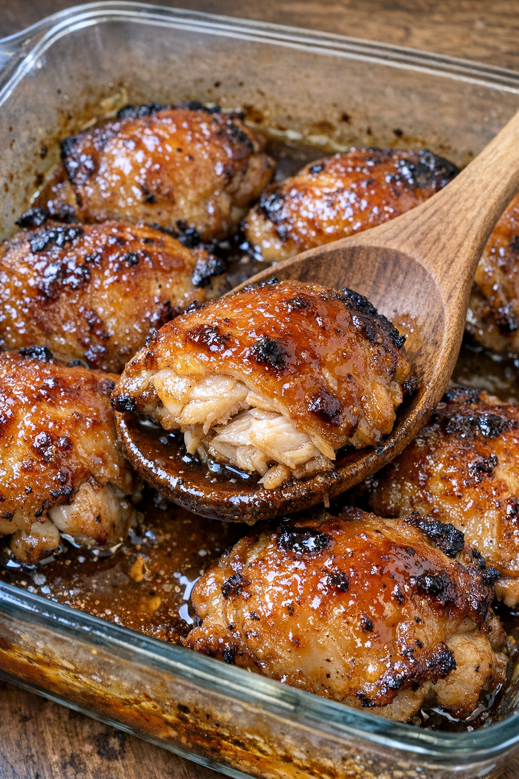 Juicy glazed chicken thighs in a glass baking dish
