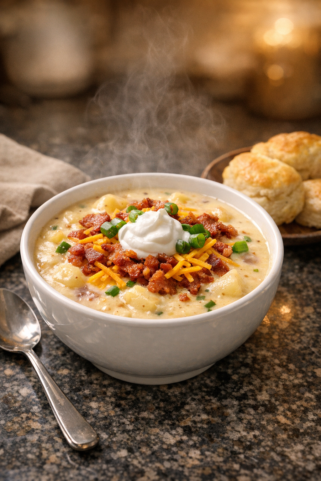 Plated loaded potato soup with toppings