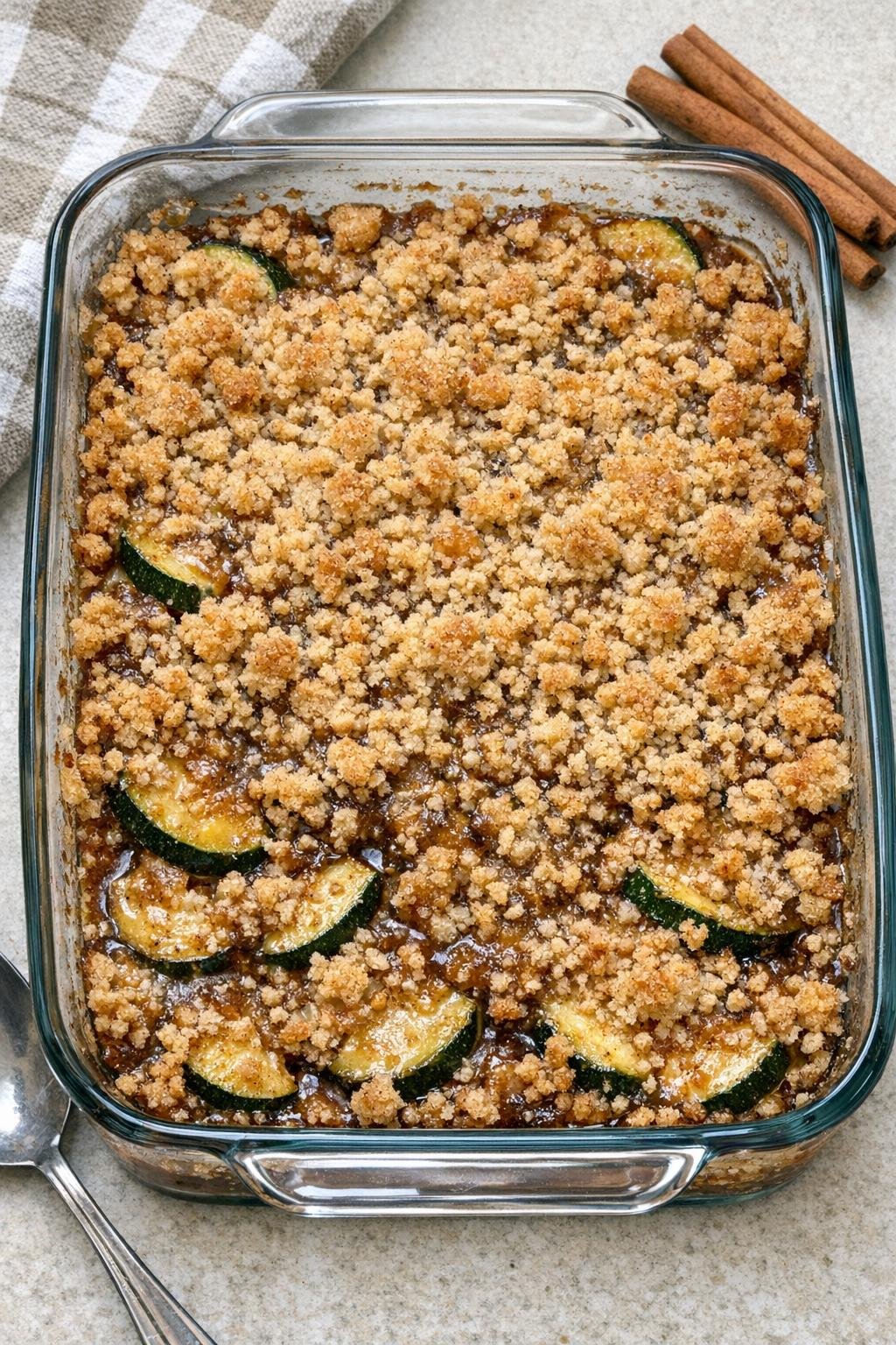 Finished baked zucchini dessert in a glass casserole dish