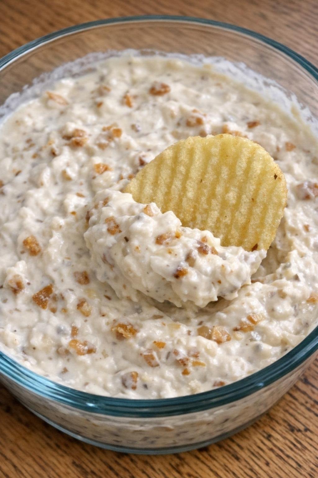 3-ingredient onion overton dip in a glass bowl with a potato chip scooping