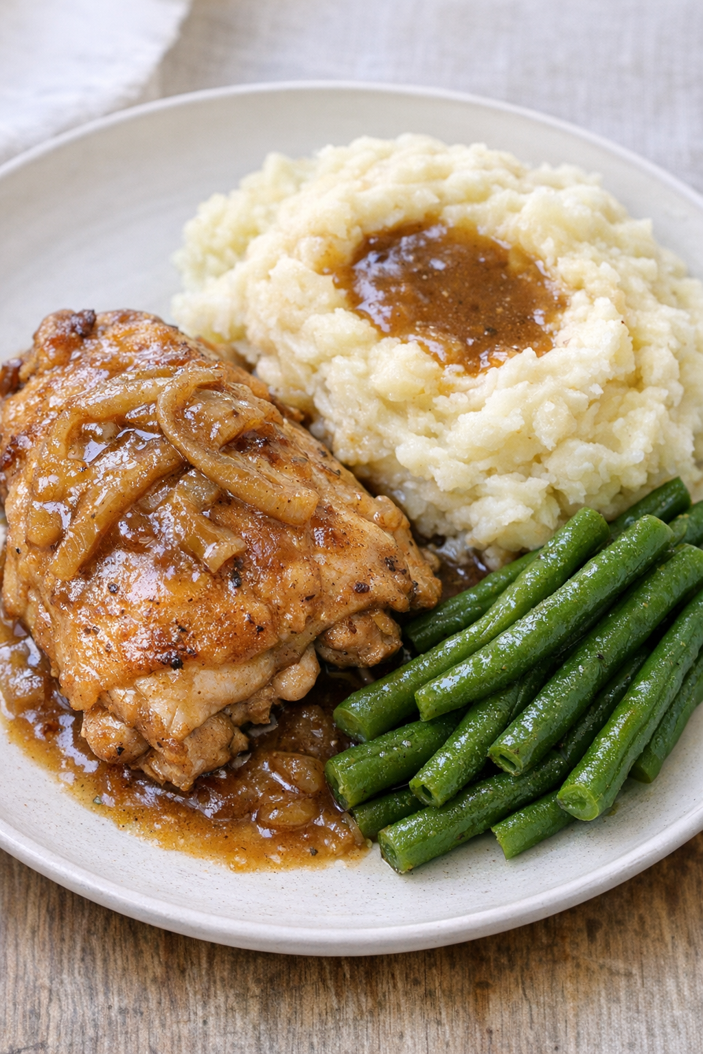 Plated baked chicken with onion gravy and side dish