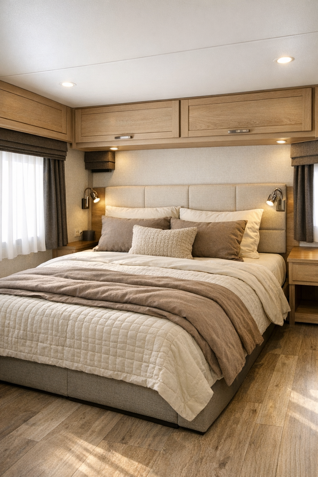 Serene RV bedroom with low bed, upholstered headboard, pale oak storage, and soft neutral bedding