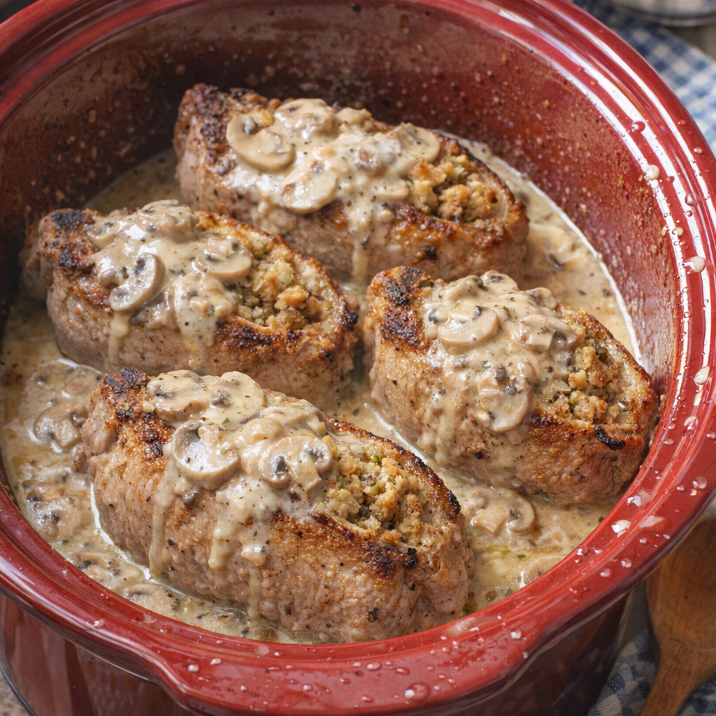 Stuffed pork chops served in a vintage-style slow cooker