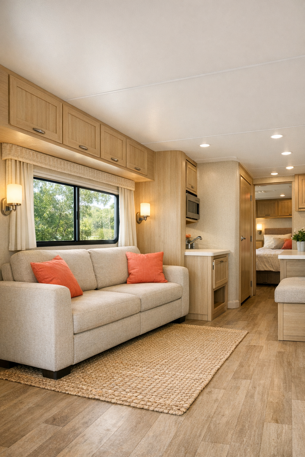Bright accessible RV living room with coral accents and pale oak finishes