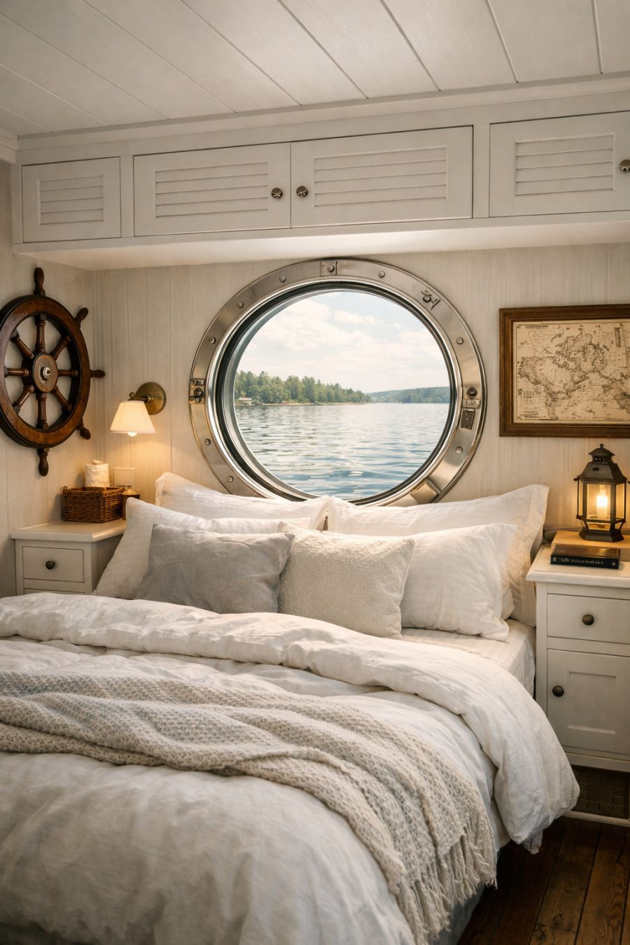 Step into this New England harbor houseboat with classic shiplap siding ...