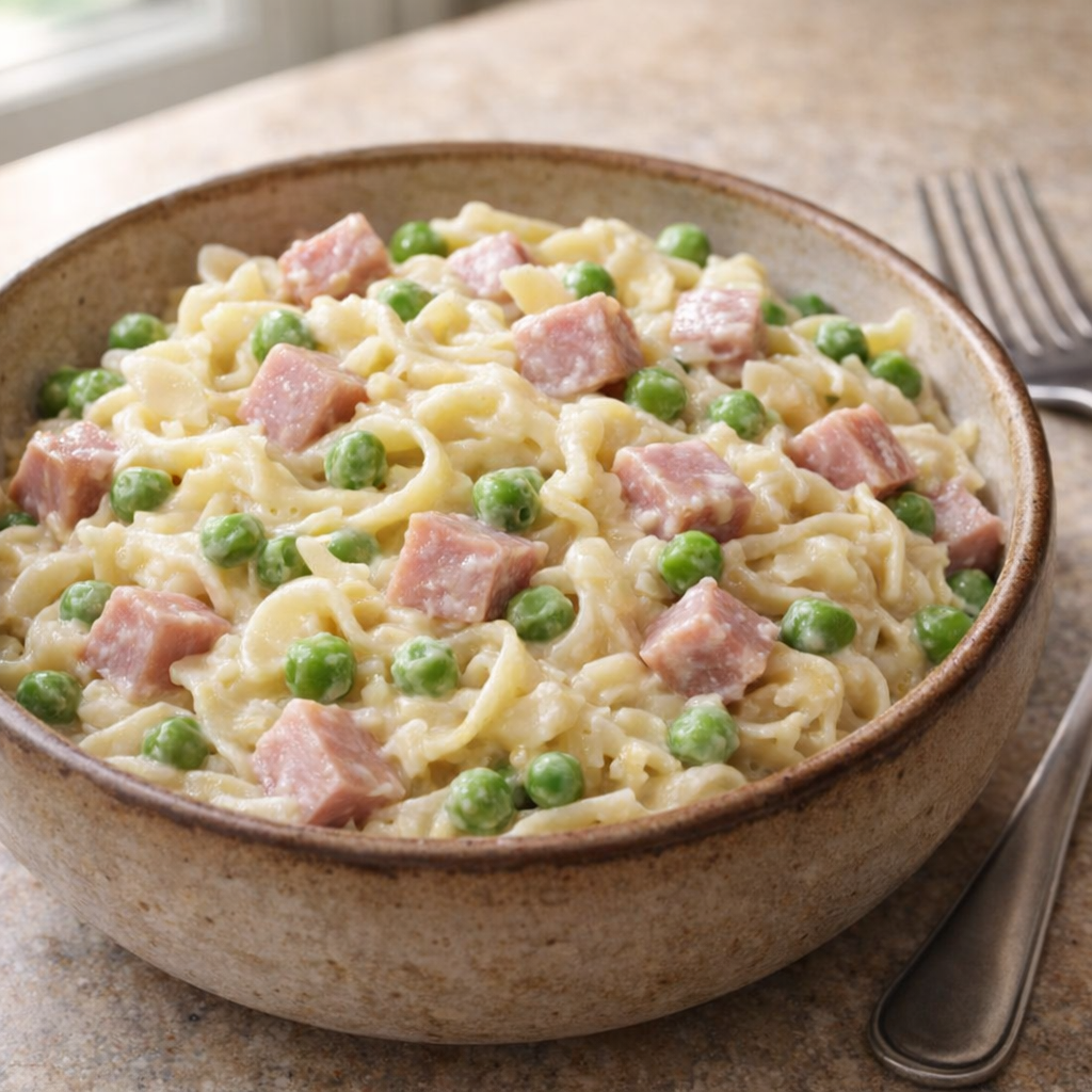 Variation of ham noodles with peas stirred in