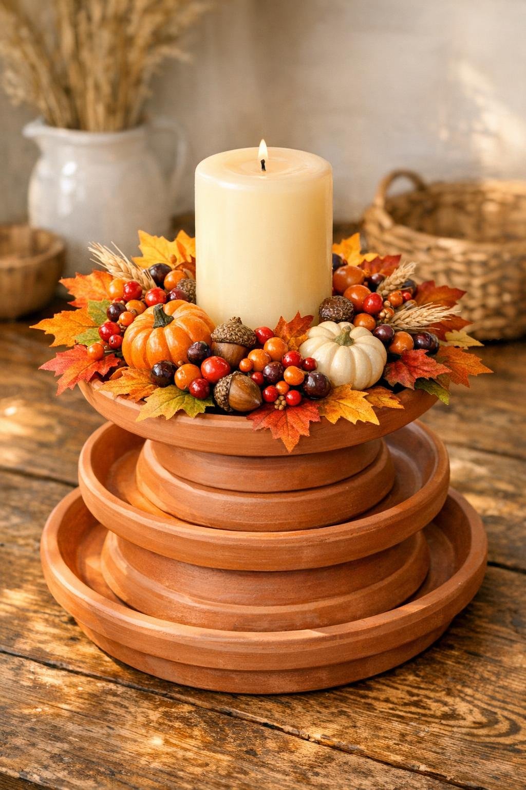 Finished harvest centerpiece made from stacked clay drainage saucers