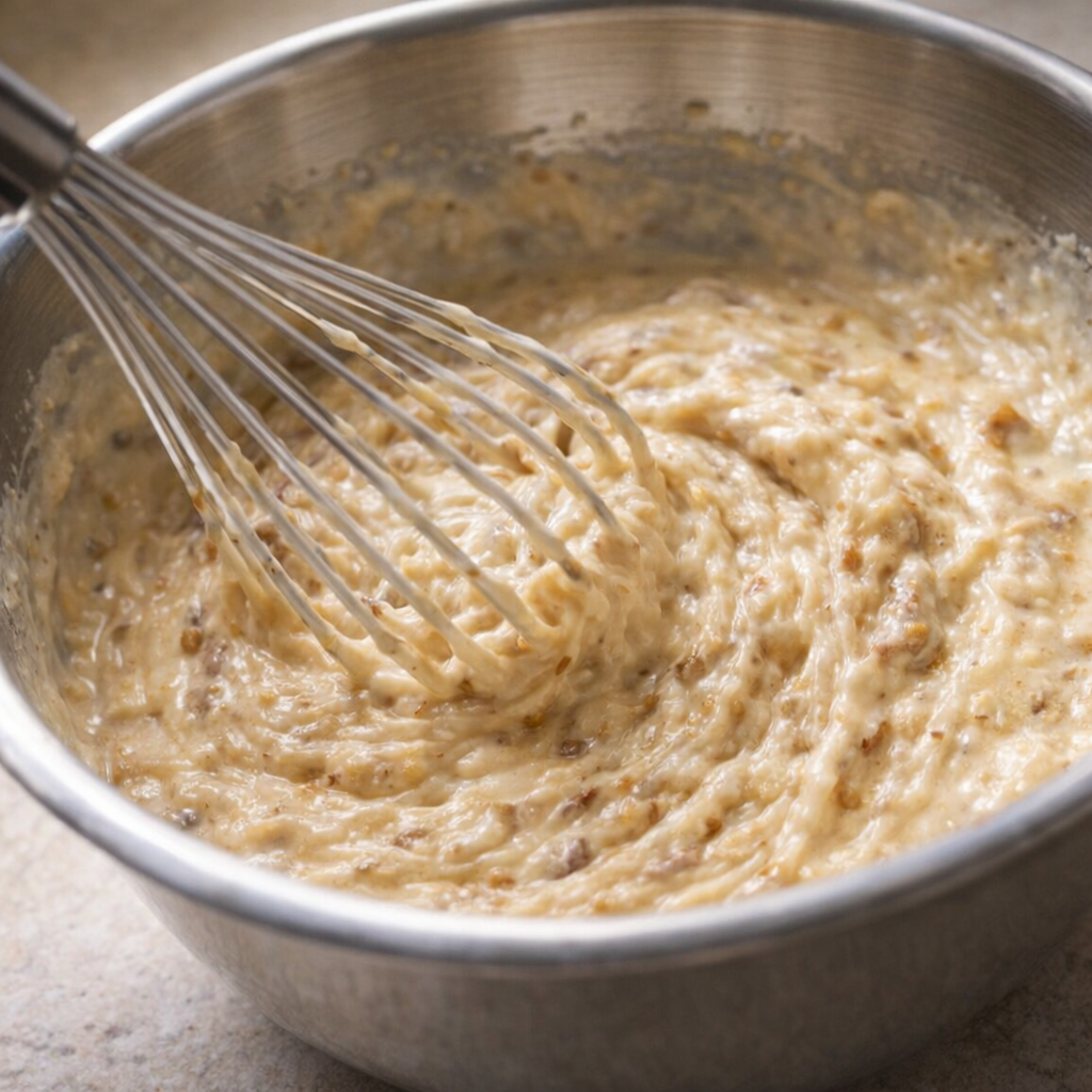 Creamy soup mixture being whisked in a bowl
