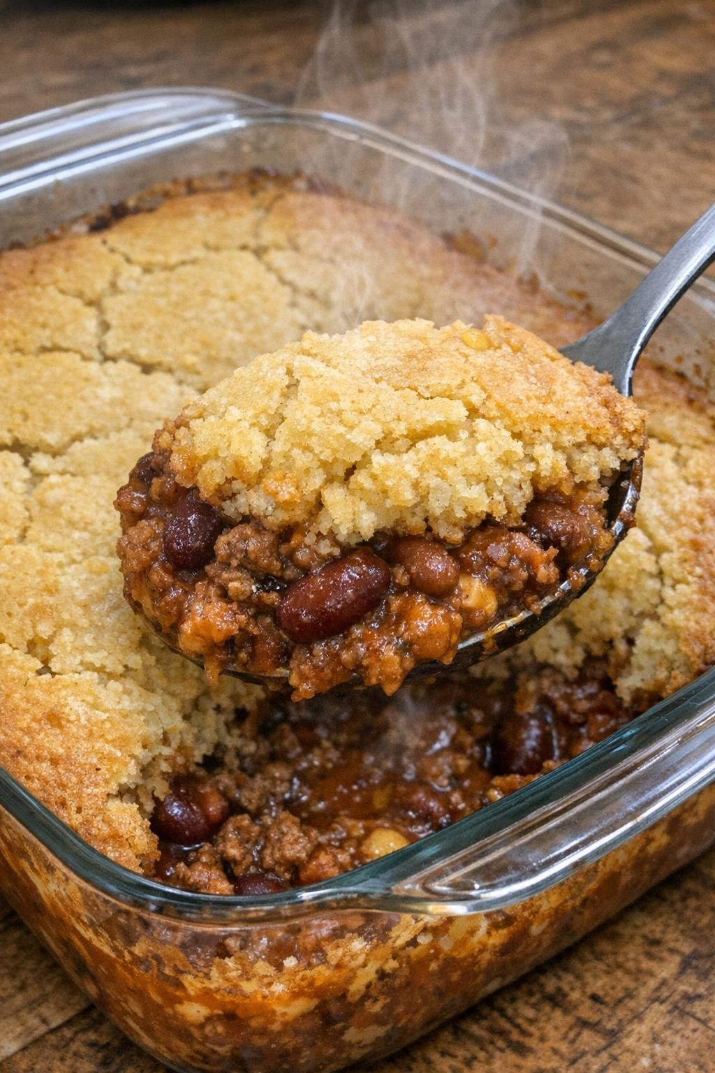 Cornbread chili bake in a glass baking dish