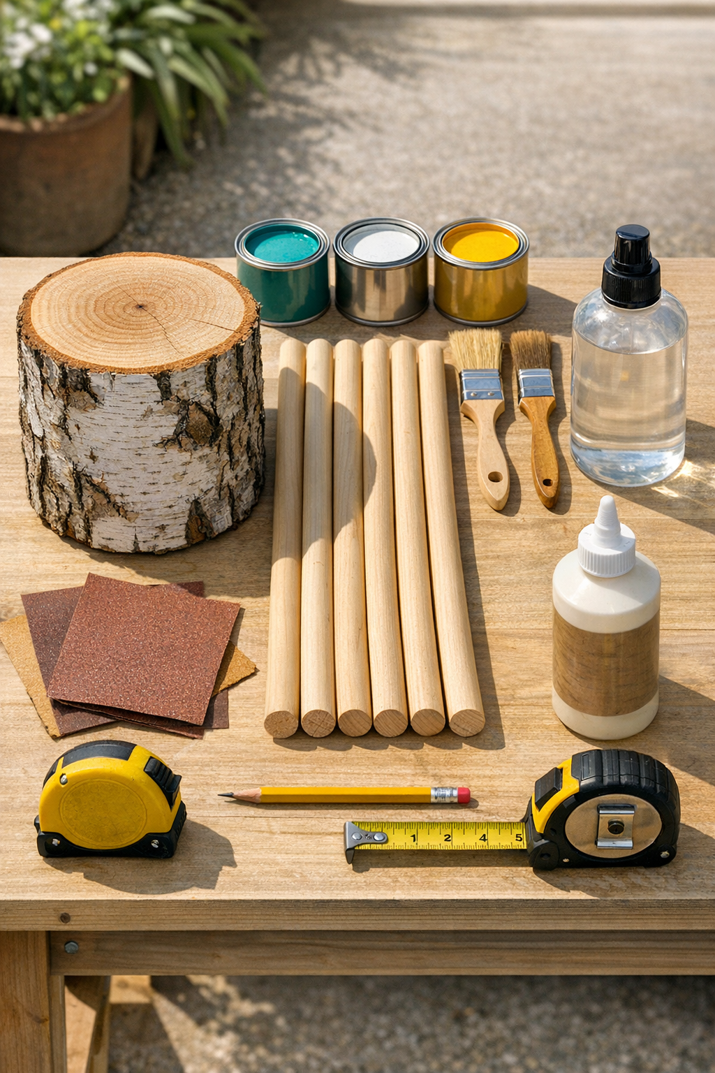 Materials for a wooden poolside towel tree laid out neatly