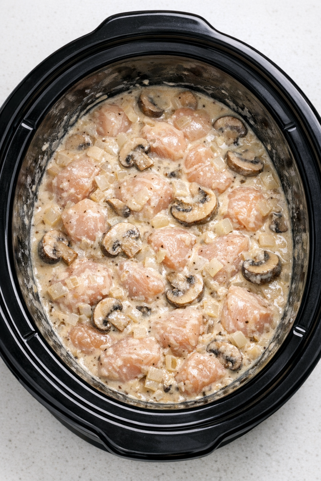 Sauce spread over chicken in slow cooker