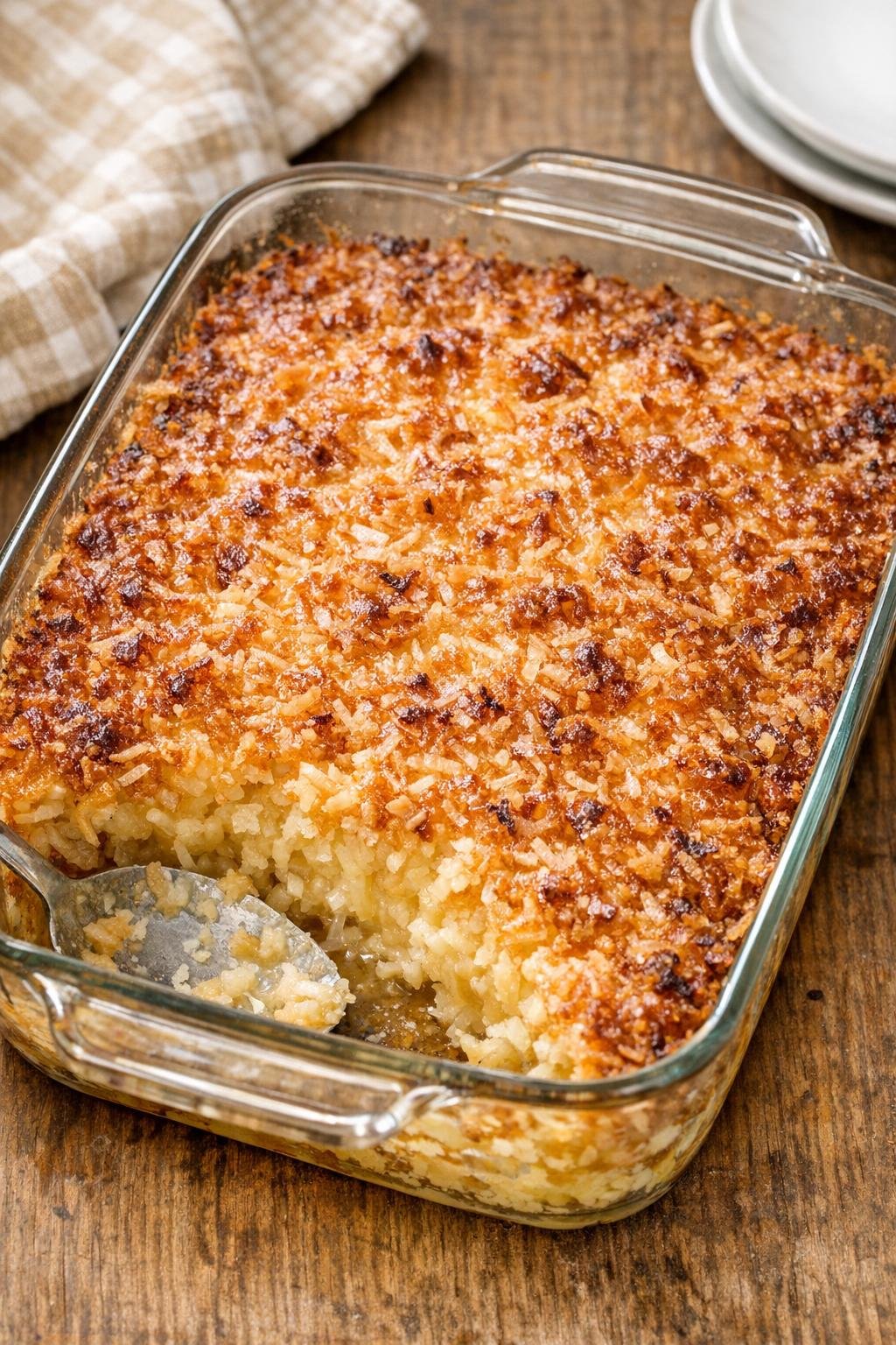 Freshly baked coconut dessert with golden top