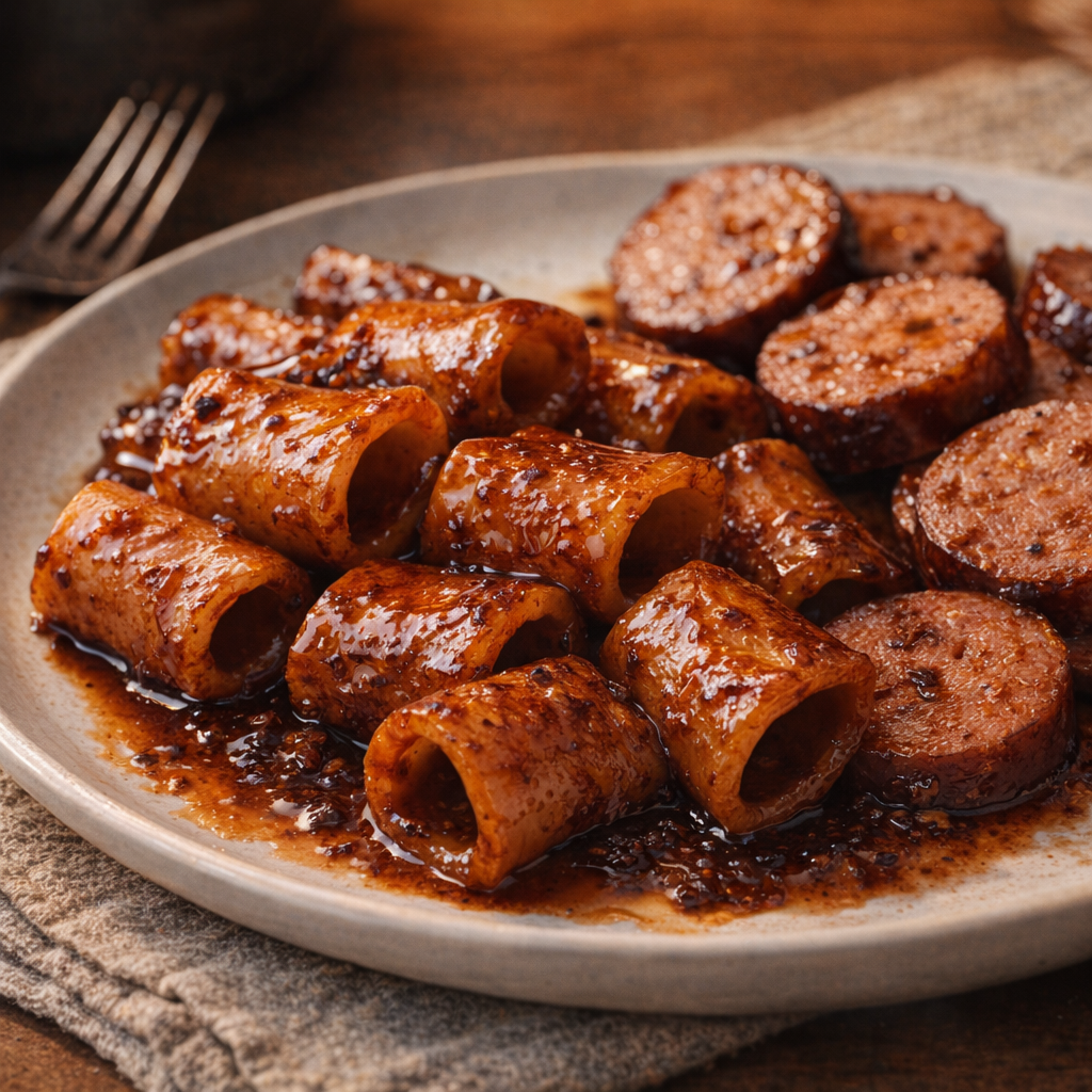 Glazed paccheri served with smoked sausage