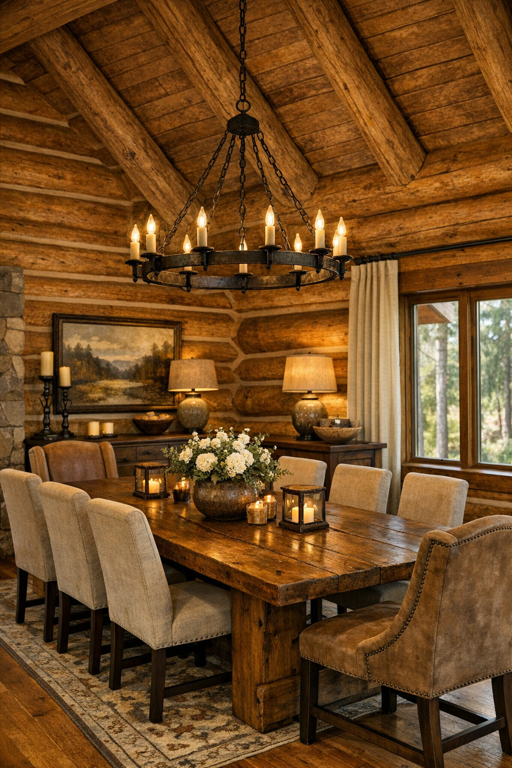 Dining room with solid wood table, upholstered chairs, and warm iron lighting