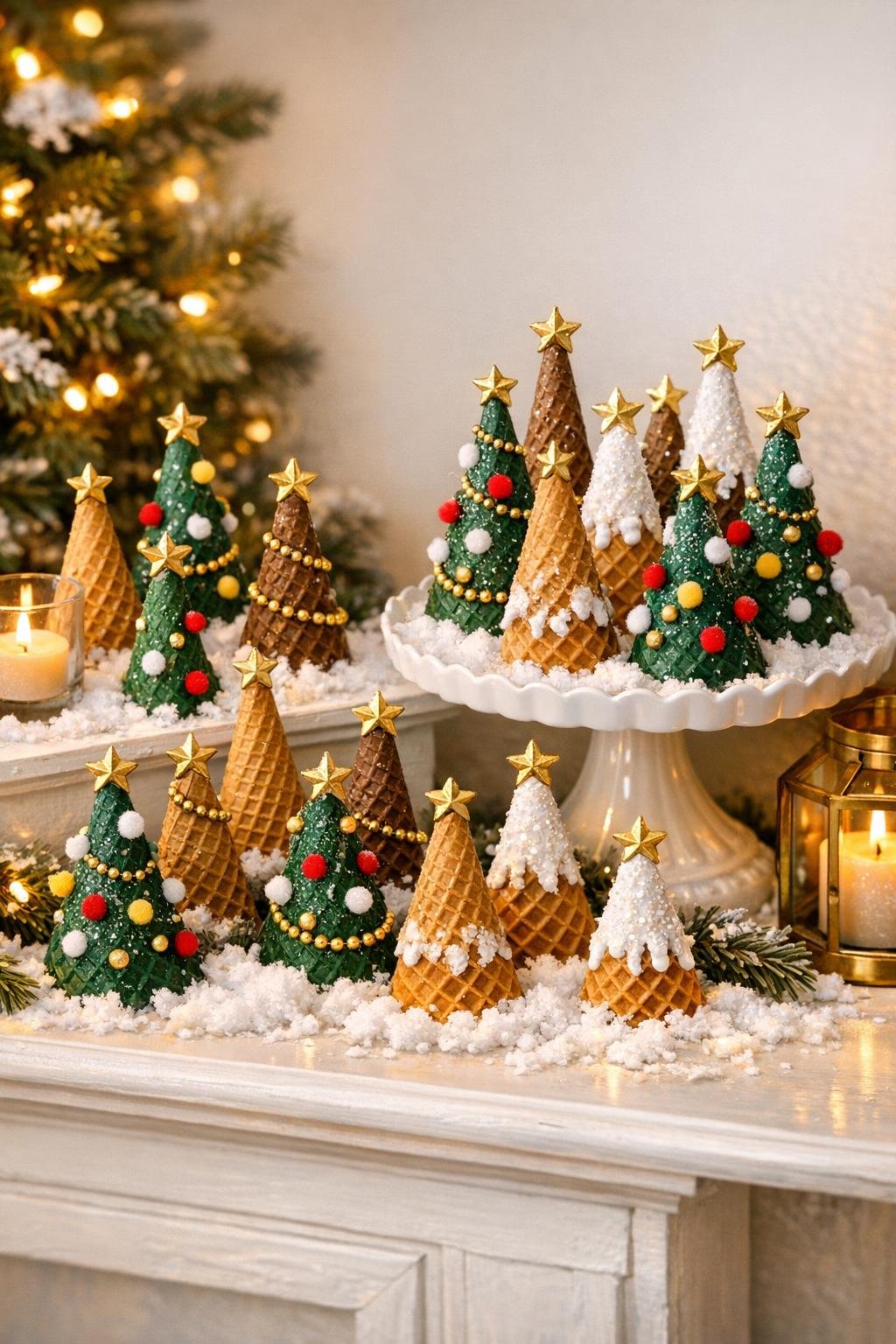 Finished mini Christmas tree village made from upside-down sugar cones