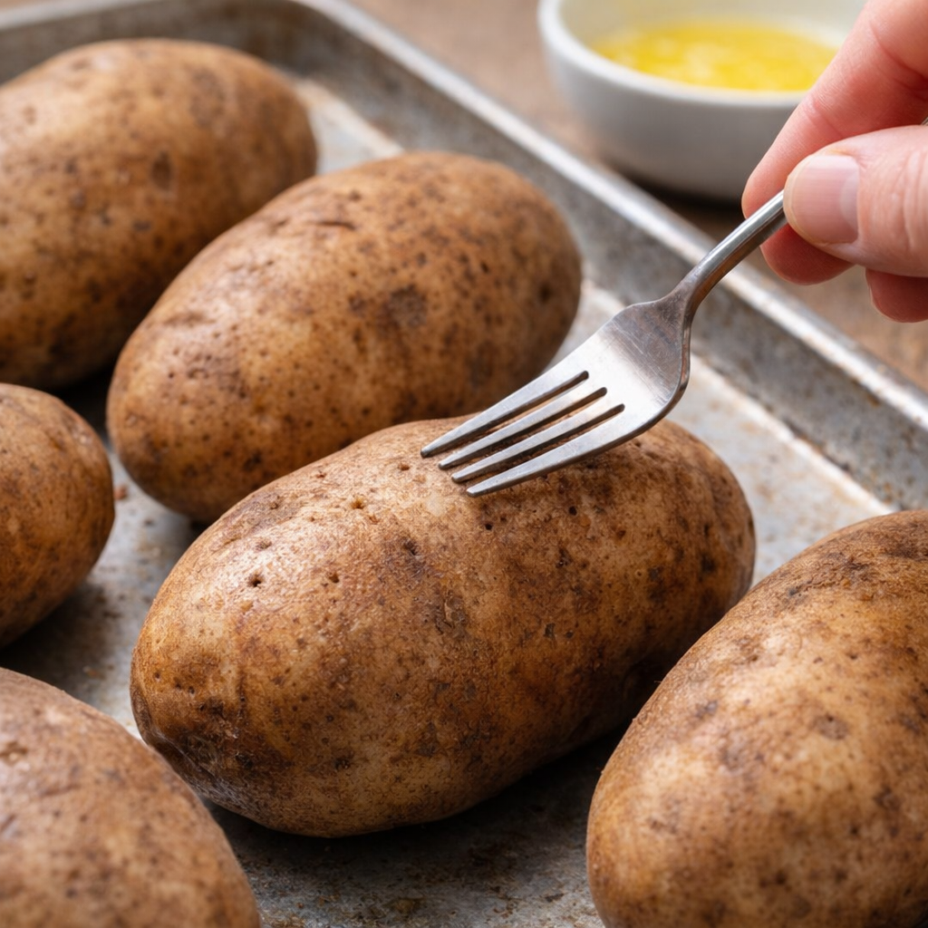 Russet potatoes being prepped before baking