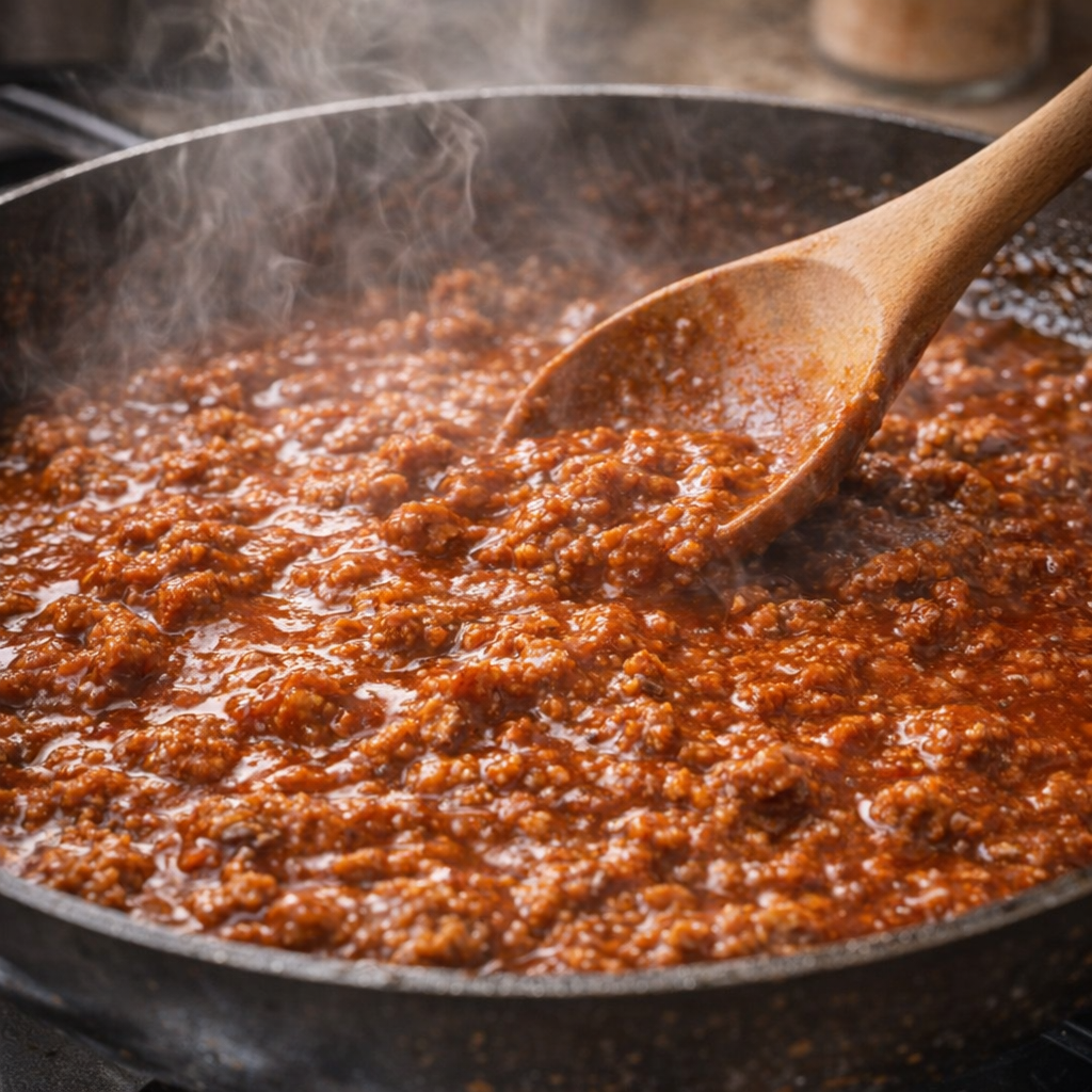 Sloppy joe meat sauce simmering in skillet