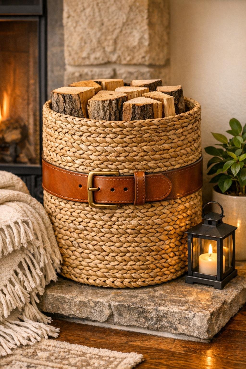 Finished seagrass placemat and leather belt firewood holder in a living room