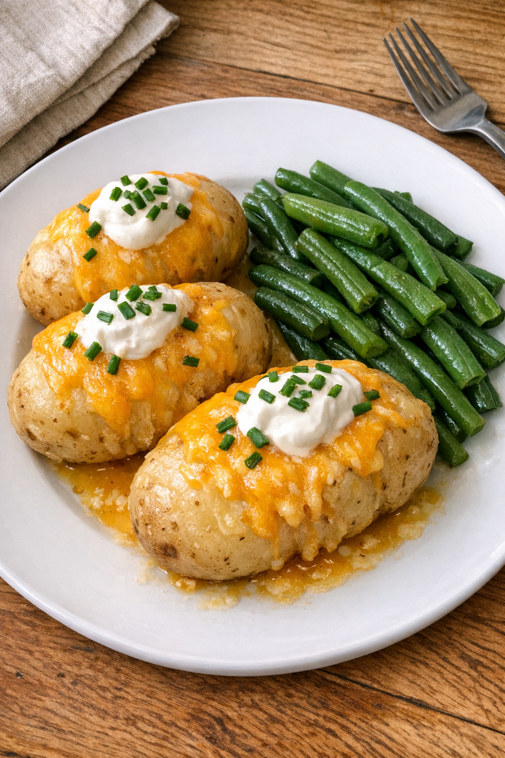 Finished cheesy slow cooker russet potatoes on a plate