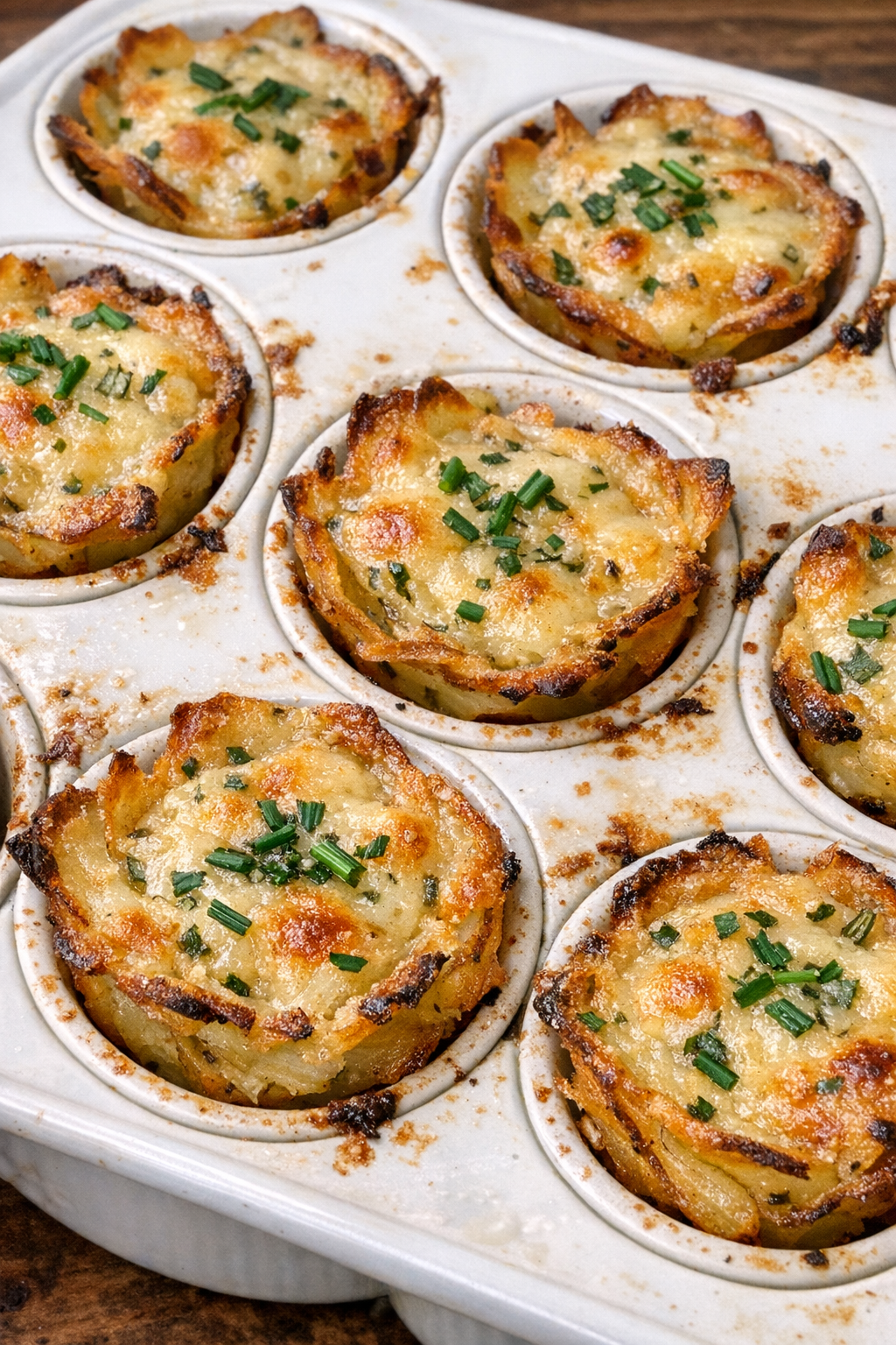Golden crispy potato cups with melted gruyere and herbs in a white ceramic muffin tin