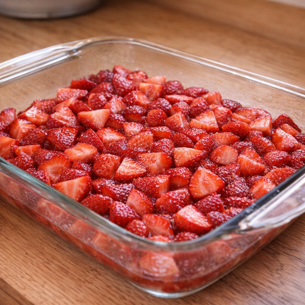 Fresh strawberries layered in a baking dish before adding cake mix