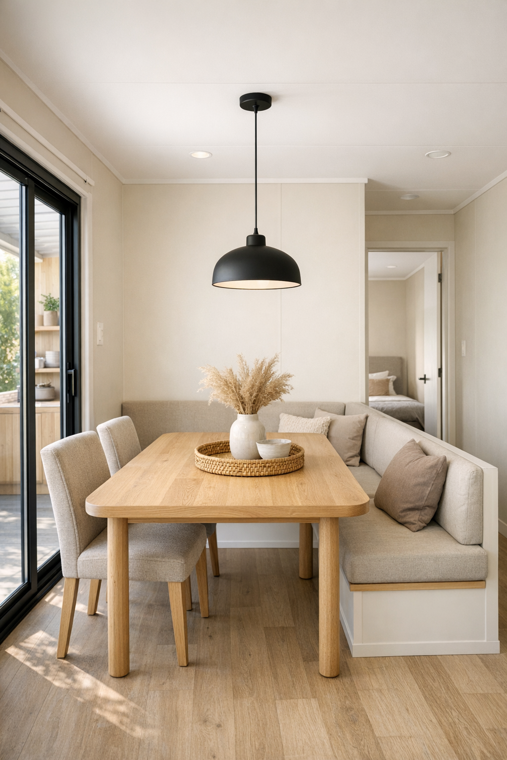 Light oak dining area in an accessible container home with soft neutral finishes